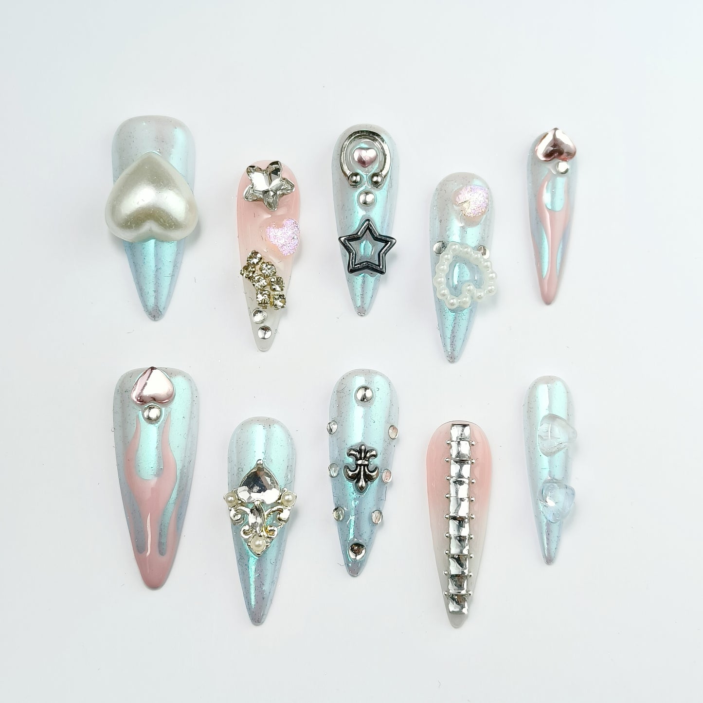 🪐 Aurora Galaxy Press-On Nails - Blue Pink Ombre with Pearl & Flame Art|Reusable 10pc Handmade Set