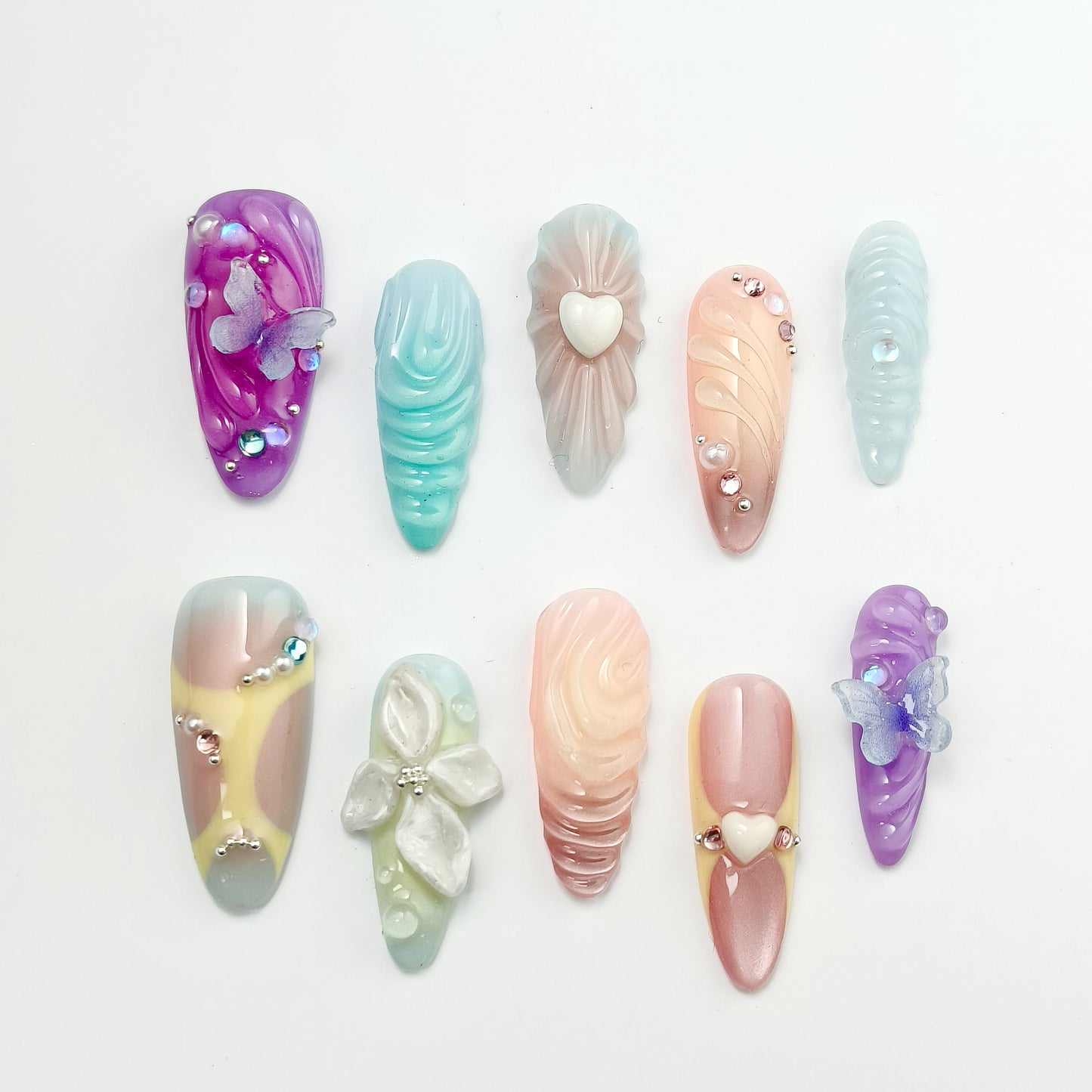 🦋 Spring Garden Press-On Nails|3D Flower Butterfly + Pearl Set|Reusable 10pc w/Tools