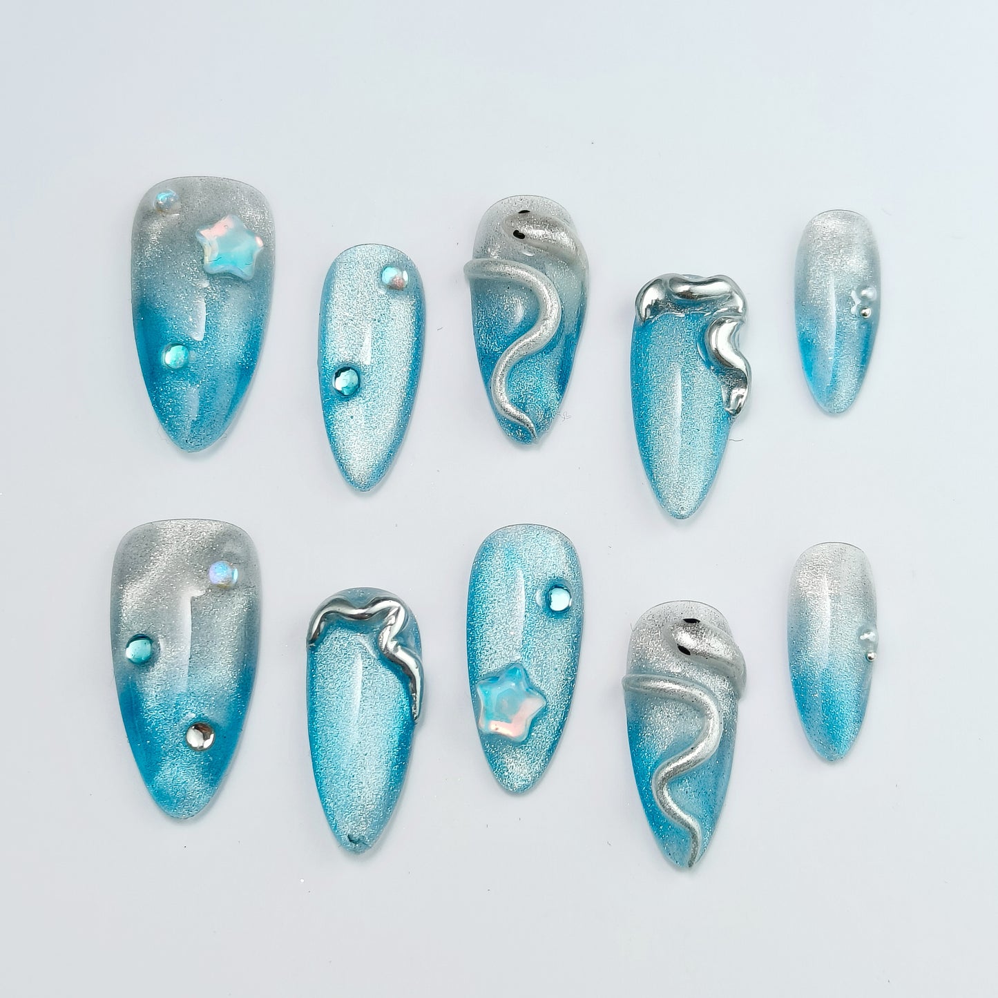 🌊 Mermaid Aurora Press-On Nails - Blue Silver Ombre with Star & Wave 3D Art|Reusable Stiletto Set