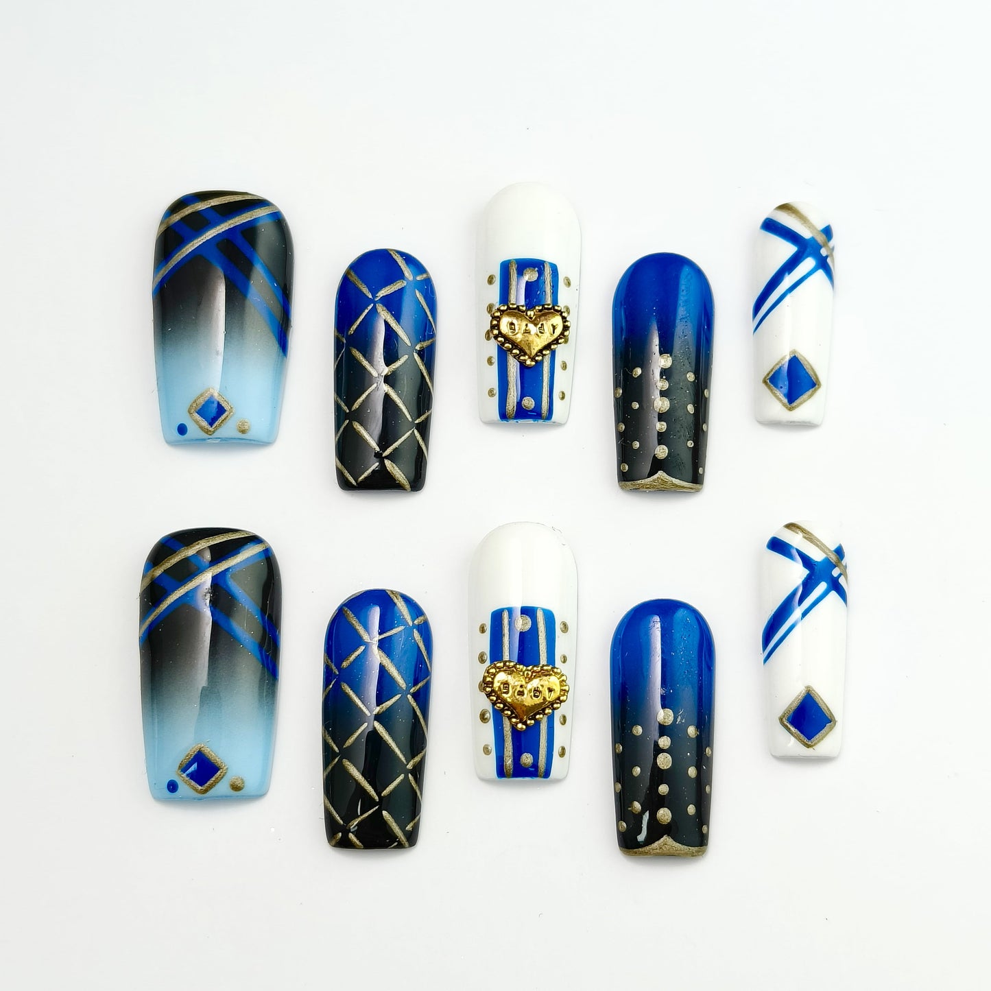 🚀 Product Title Bauhaus Geometric Press-On Nails - Blue Black Gold Triangle Art + 3D Gem|10pc Reusable Pro Set
