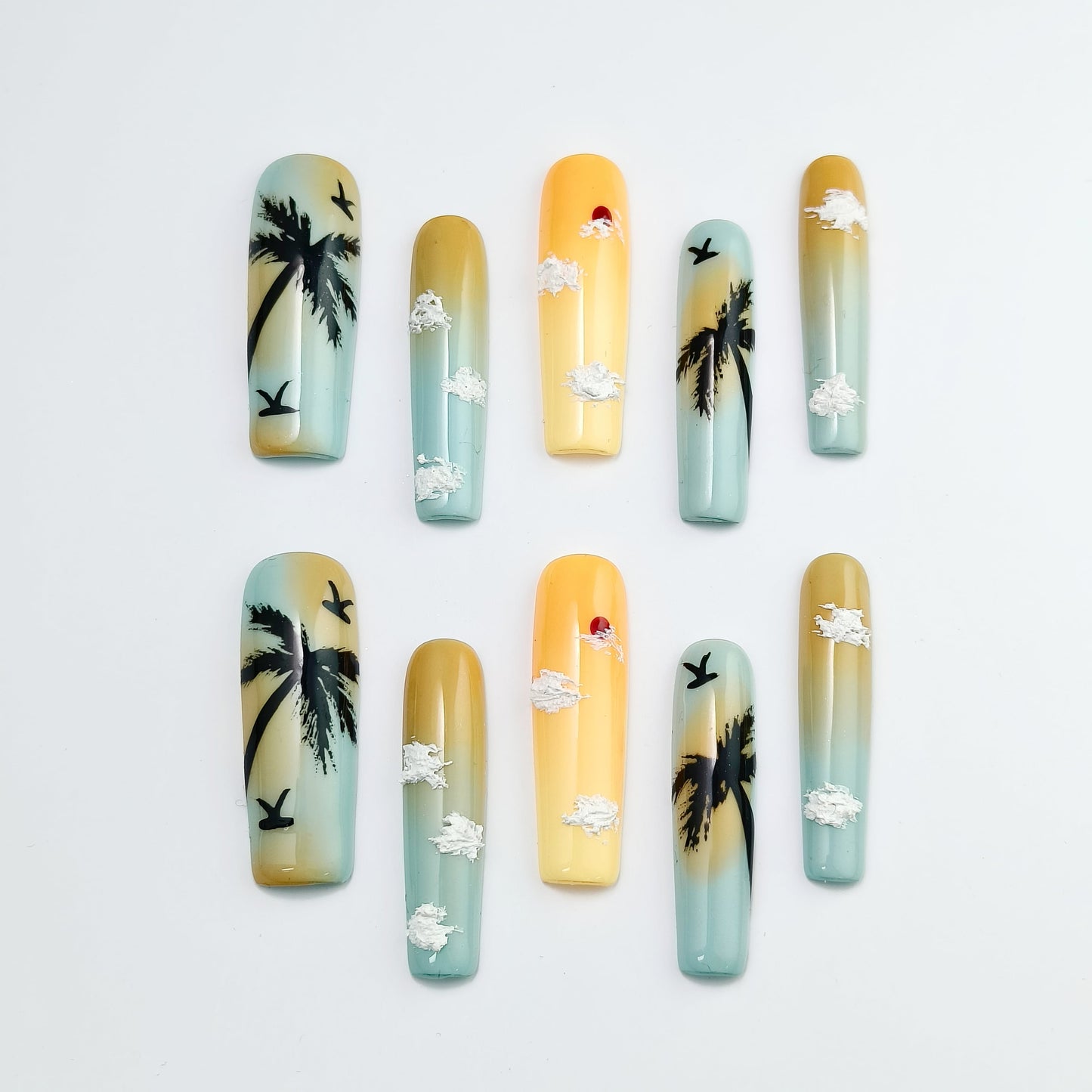 🏖️ Tropical Paradise Press-On Nails|Hand-Painted Palm Trees & Birds|10pc Reusable Set w/Gift Box