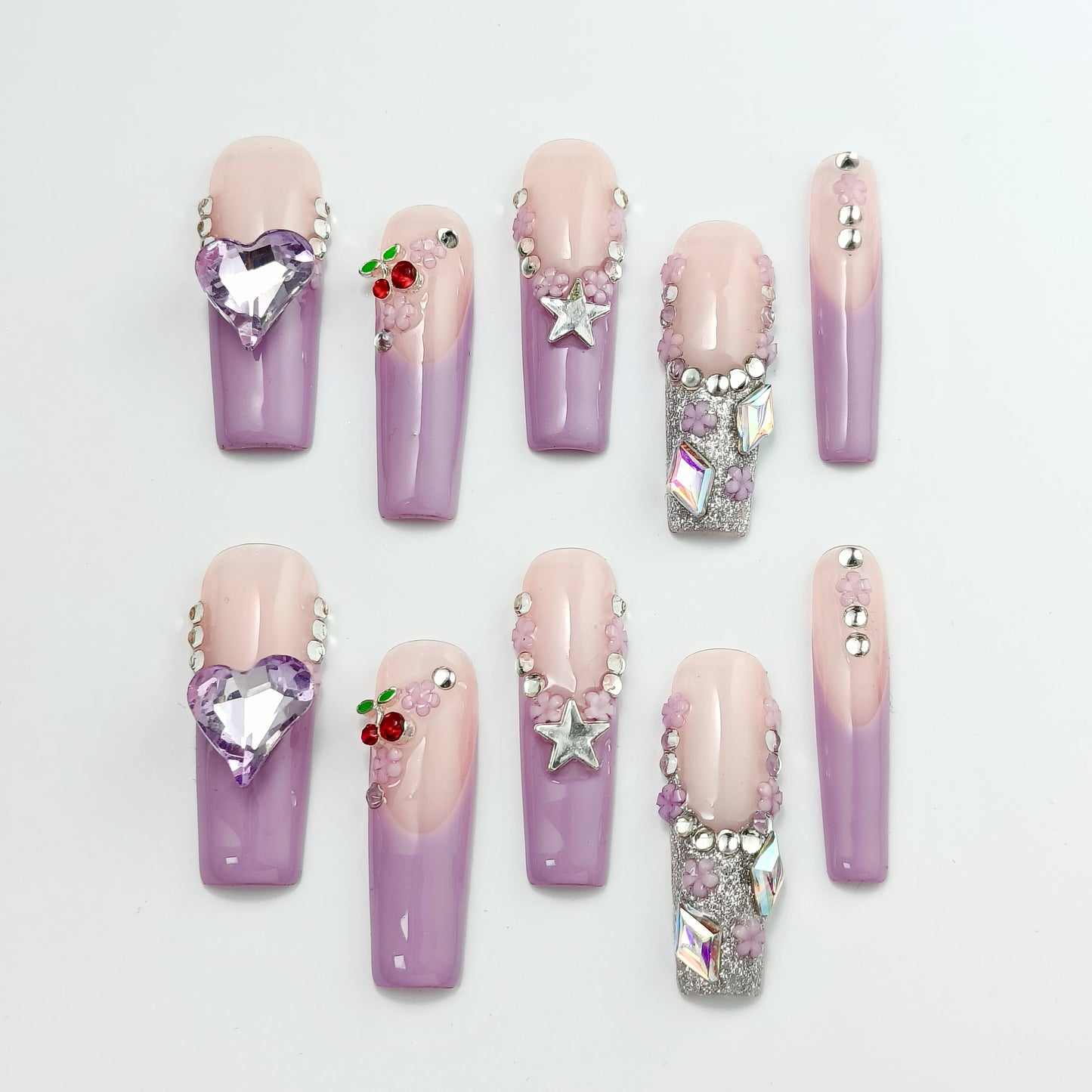 💜 Lavender Dream Press-On Nails|Gradient Purple with Heart Rhinestones|10pc Reusable Set w/Gift Box