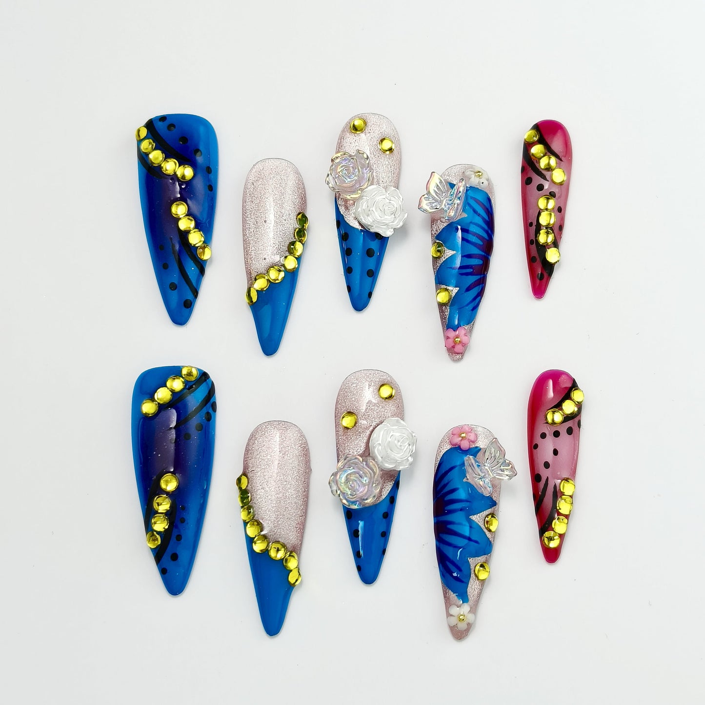 🌷 Enchanted Garden Press-On Nails|Blue Pink Ombre with 3D Butterfly & Diamond Chain|10pc Bridal Set