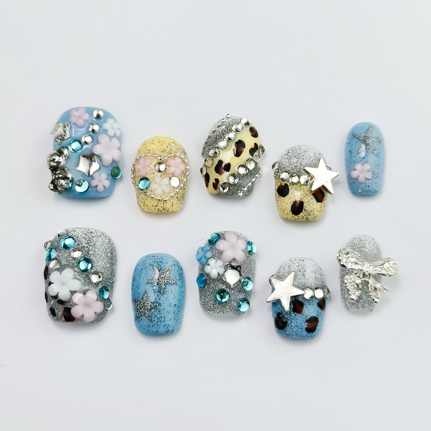 Korean Cute & Wild Press-On Nails – 3D Stars, Flowers & Leopard Glitter Design (Set of 10)