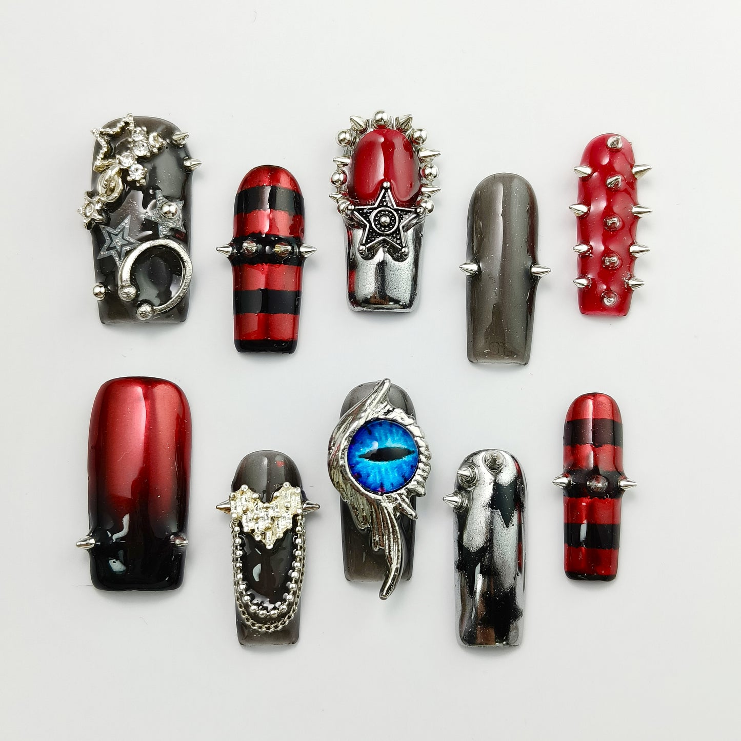 Gothic Punk Press-On Nails - Black Red Silver Spiked Full Set | Reusable Handmade Witchy Nails