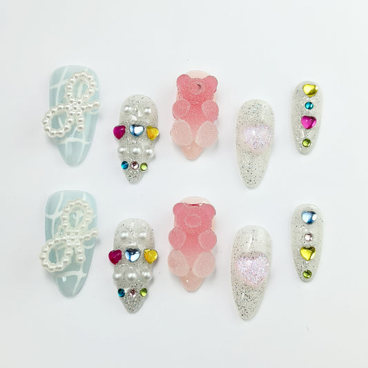 Glittery Pearl & Bear Press-On Nails Set | Reusable Handmade Fantasy Nails ✨