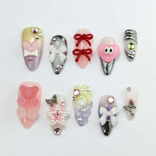 🍬  Rainbow Marshmallow Press-On Nails Set - 3D Bear Pearl Hearts｜Reusable Handmade Nail Art