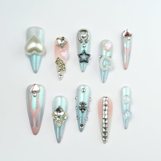 🪐 Aurora Galaxy Press-On Nails - Blue Pink Ombre with Pearl & Flame Art｜Reusable 10pc Handmade Set