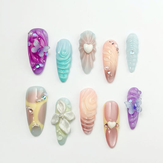 🦋 Spring Garden Press-On Nails｜3D Flower Butterfly + Pearl Set｜Reusable 10pc w/Tools