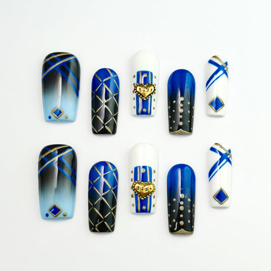 🚀 Product Title Bauhaus Geometric Press-On Nails - Blue Black Gold Triangle Art + 3D Gem｜10pc Reusable Pro Set