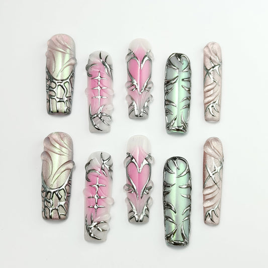 🌿 Nordic Forest Glitter Ombre Nails｜Pink Green Gradient with Silver Lace｜10pc Reusable for Wedding