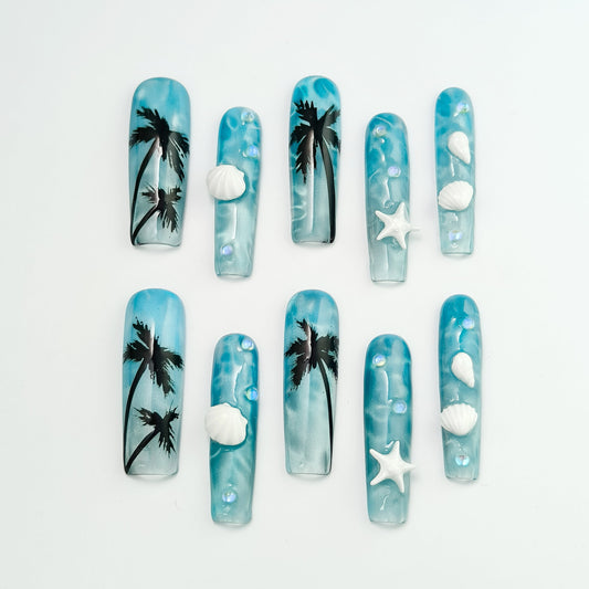 🏖️ Beach Vacation Press-On Nails｜Blue Coconut Tree & 3D Seashells｜10pc Reusable Tropical Set