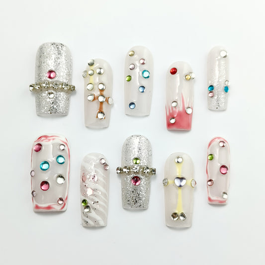 "Handmade Colorful Rhinestone Press-On Nails – Glitter Chrome & Ombre Design, Long Length Set of 10"